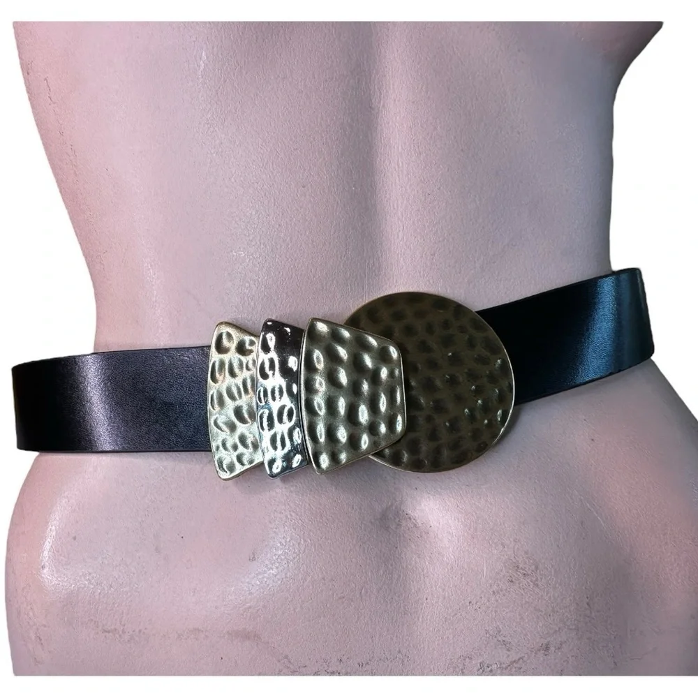 Lake Shore Drive Leather Belt with Hammered Brass and Silver Tone Buckle